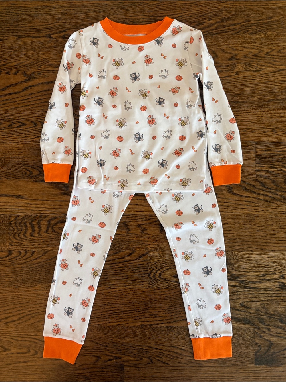 Kissy Kissy White Kids Pajama Set with Orange Trim and Pumpkin & Animal Print
